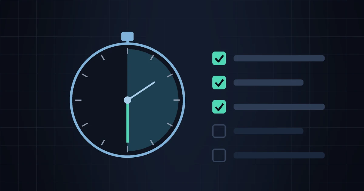 A stopwatch with half of its face filled beside a checklist with three of five boxes ticked