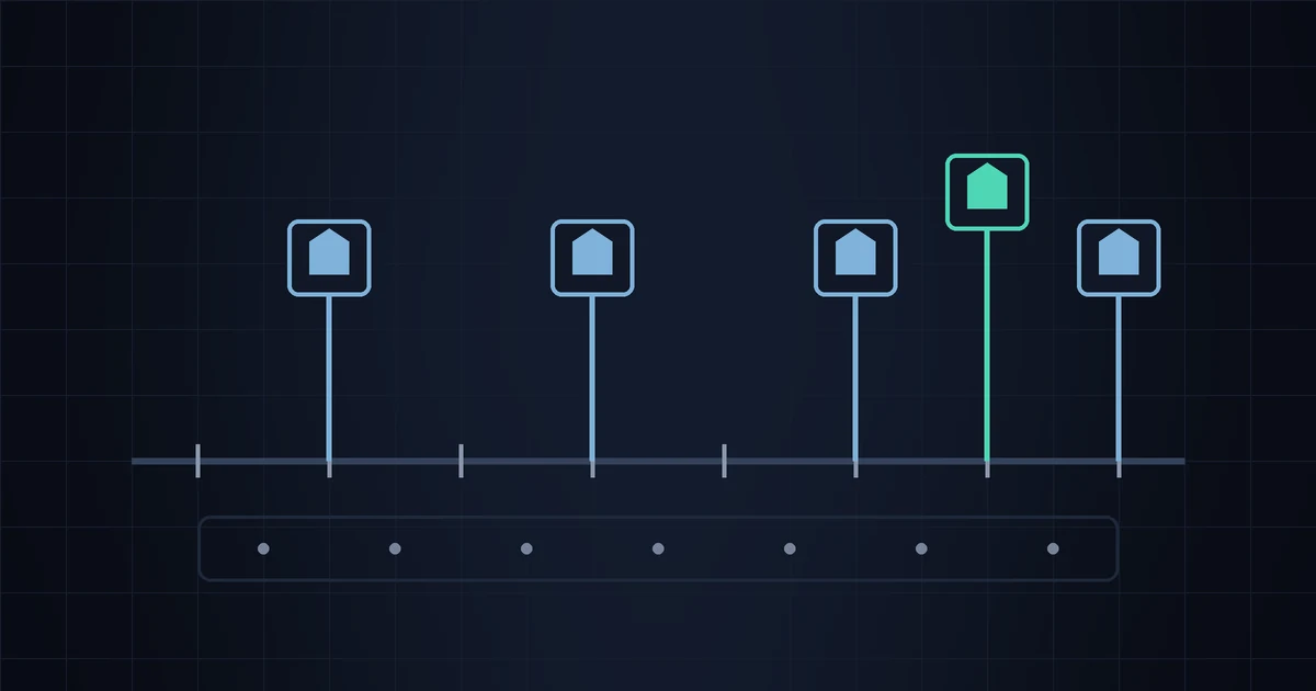 A timeline with product markers pinned at regular intervals, one newer marker highlighted