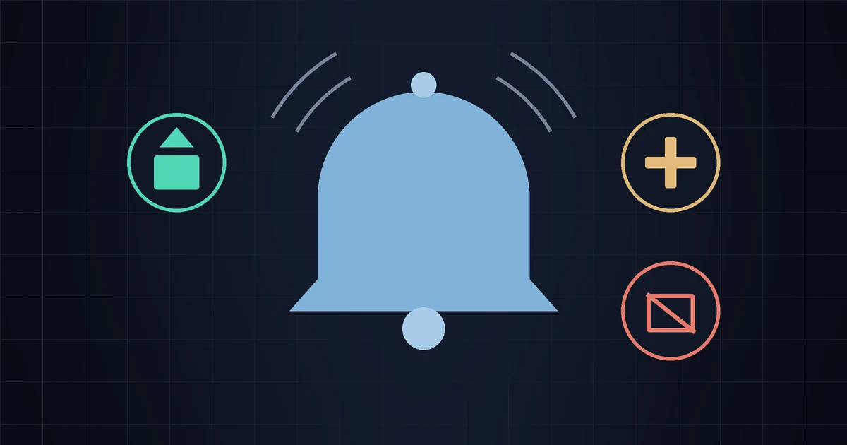 A notification bell surrounded by three badges: a box with an up arrow, a plus sign and an empty crossed-out box