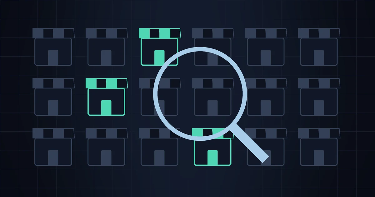 A magnifying glass over a grid of small storefront icons with a few stores highlighted in green