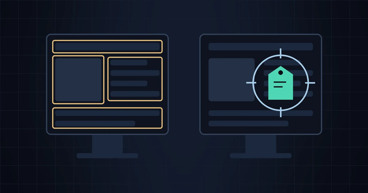 Two monitors: one with every block of the page outlined in amber, the other with crosshairs locked on a single price tag