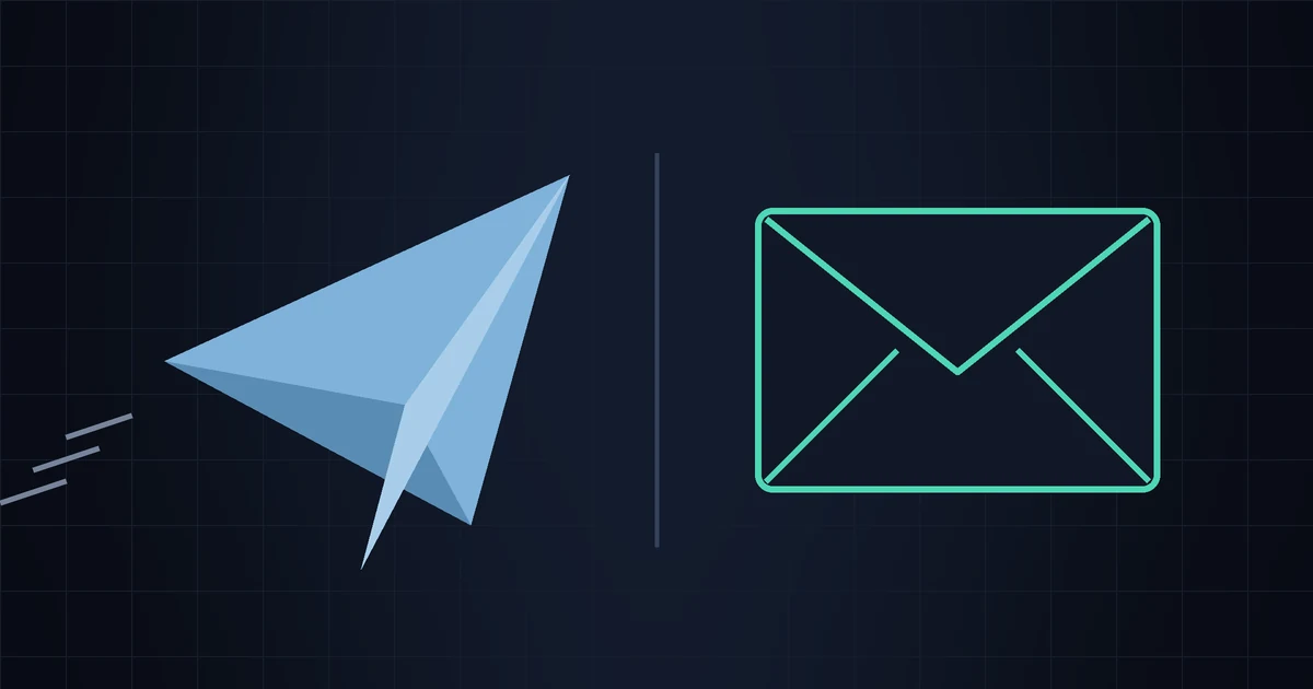 A paper plane on the left and an envelope on the right, separated by a thin line