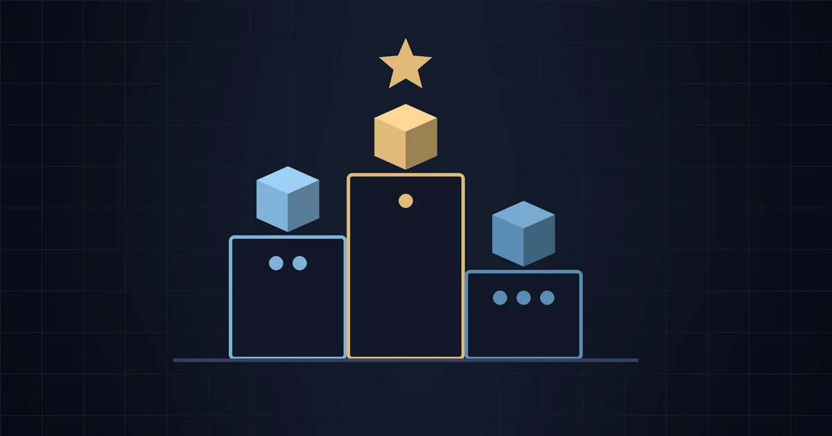 A three-step podium with a product box on each step and a star above the winner