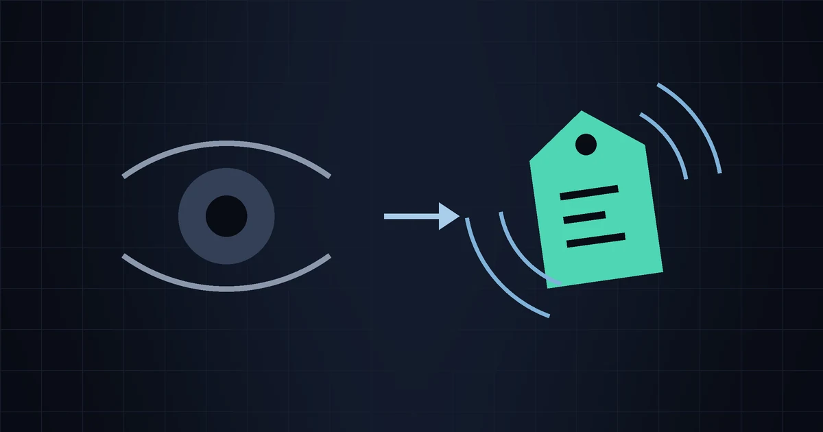 An eye with an arrow pointing to a green price tag sending out signal waves